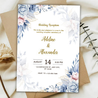 Blue and gold flower wedding Reception Invitation