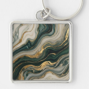 Blue and Gold Fluid Marble Abstract Art Key Ring