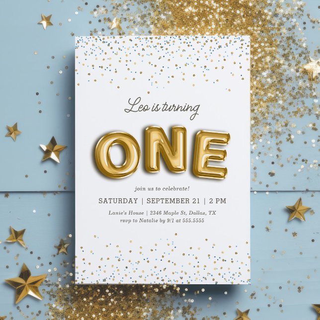 Blue and Gold Foil Balloon Glitter 1st Birthday Invitation (Creator Uploaded)