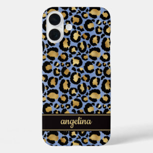 Blue And Gold Foil Leopard Print Monogrammed iPhone 16 Plus Case
