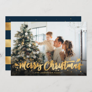 Blue and Gold Foil Merry Christmas Photo Cards