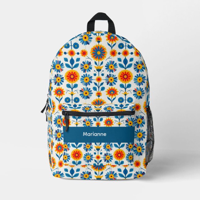 Blue and Gold Folk Art Flowers Printed Backpack (Front)