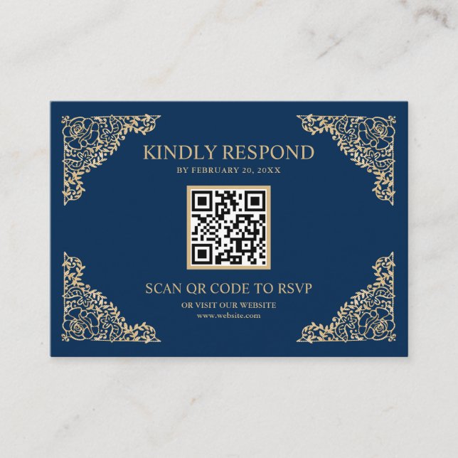 Blue and Gold Frame QR Code RSVP Wedding Website Enclosure Card (Front)