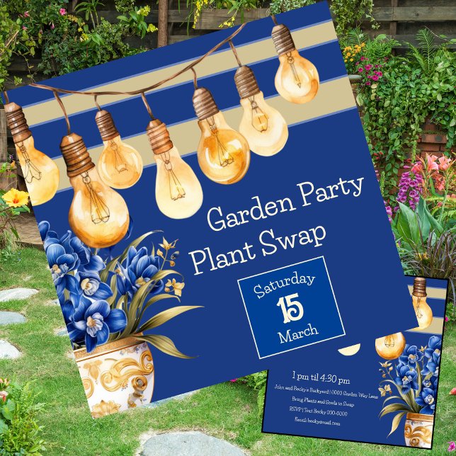Blue and Gold Garden Party and Plant Swap  Invitation (Garden party and plant swap party invitations in blue and gold with string lights. Personalize this.)