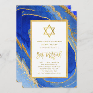 Blue and Gold Geode Star of David Bat Mitzvah Invitation