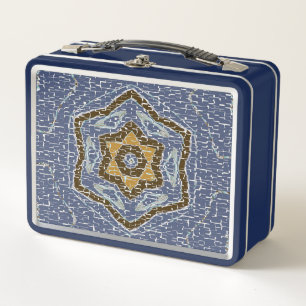 Blue and Gold Geometric Crackled Design Metal Lunch Box