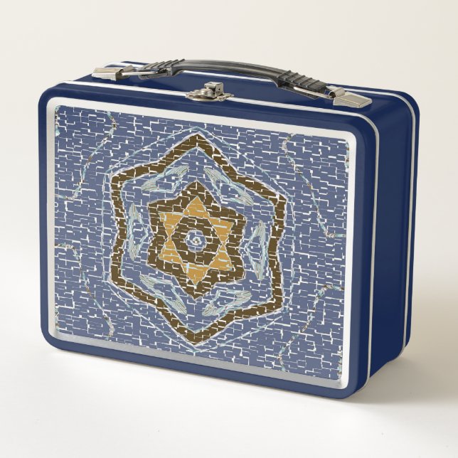Blue and Gold Geometric Crackled Design Metal Lunch Box (Front)