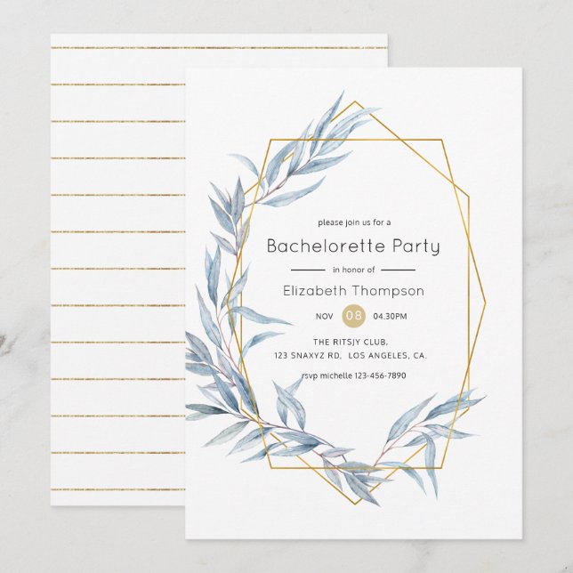 Blue and Gold Geometric Eucalyptus Bachelorette Invitation (Front/Back)