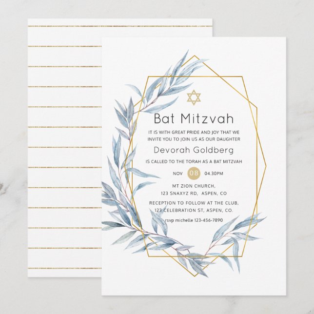 Blue and Gold Geometric Eucalyptus Bat Mitzvah Invitation (Front/Back)