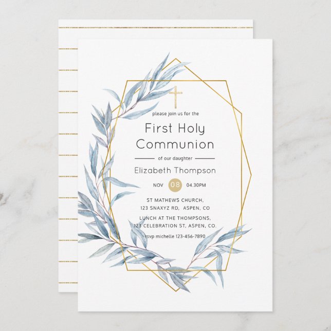 Blue and Gold Geometric Eucalyptus Holy Communion Invitation (Front/Back)
