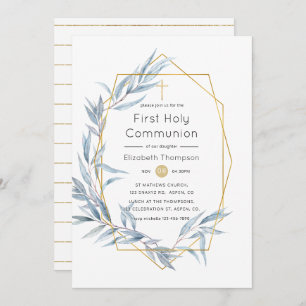 Blue and Gold Geometric Eucalyptus Holy Communion Invitation