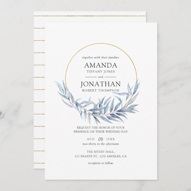 Blue and Gold Geometric Eucalyptus Leaves Wedding Invitation (Front/Back)