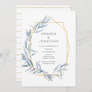 Blue and Gold Geometric Eucalyptus Leaves Wedding Invitation