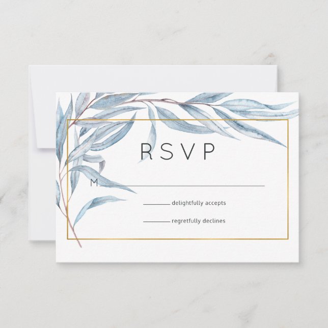 Blue and Gold Geometric Eucalyptus Leaves Wedding RSVP Card (Front)