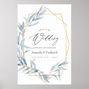 Blue and Gold Geometric Eucalyptus Wedding Welcome Poster