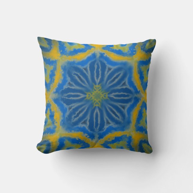 Blue and Gold Geometric Floral Pattern Cushion (Front)