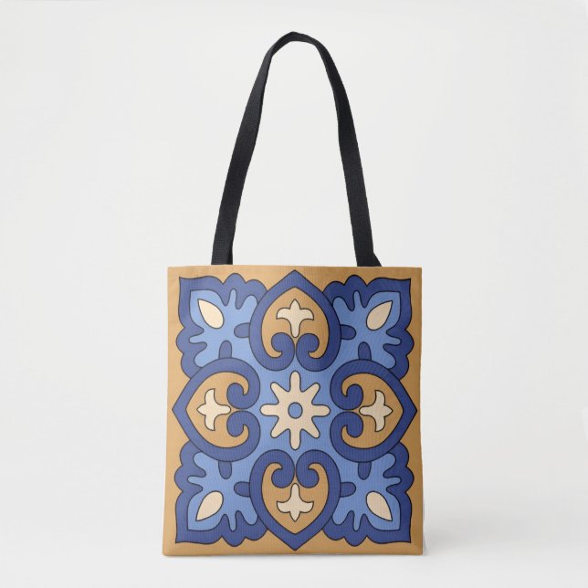 Blue and Gold Geometric Floral Tote Bag (Front)