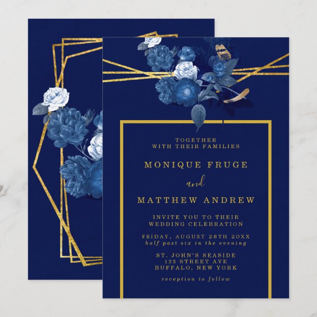 Blue and Gold Geometric Floral Wedding Invitation (Front/Back)