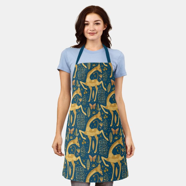 Blue and Gold Giraffe Boho Pattern Apron (Worn)