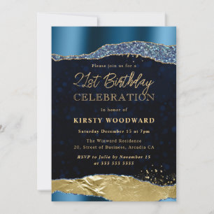Blue and Gold Glam Tears Birthday Party Invitation
