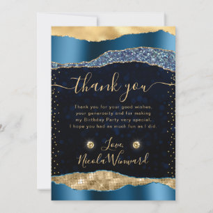 Blue and Gold Glam Tears Bokeh Birthday Thank You Card