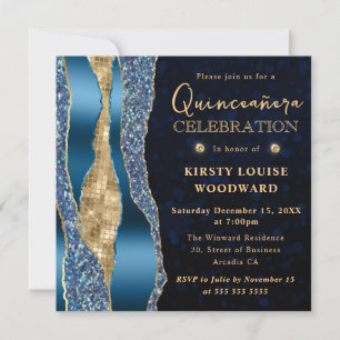 Blue and Gold Glam Tears Bokeh Quinceanera Invitation