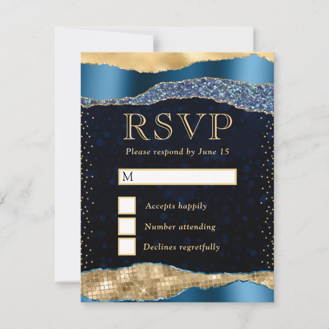 Blue and Gold Glam Tears Bokeh Wedding RSVP Card (Front)