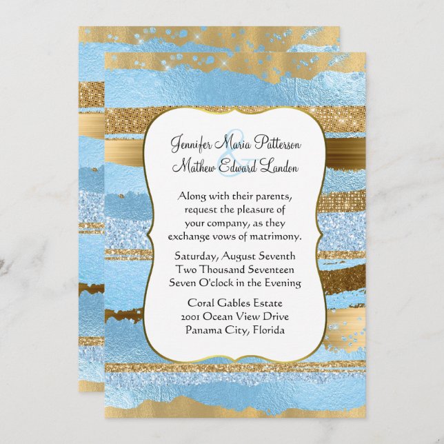 Blue and Gold Glam Wedding Invitation (Front/Back)