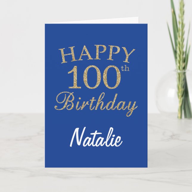 Blue and Gold Glitter 100th Birthday Card (Front)