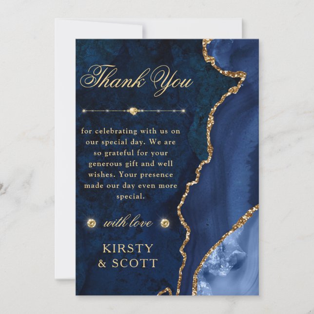 Blue and Gold Glitter Agate and marble Wedding Thank You Card (Front)