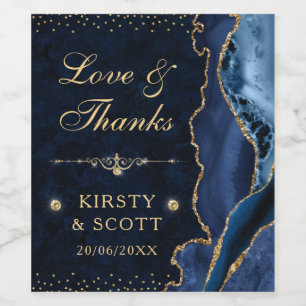 Blue and Gold Glitter Agate and marble Wedding Wine Label