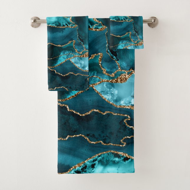 Blue and Gold Glitter Agate Bath Towel Set (Insitu)