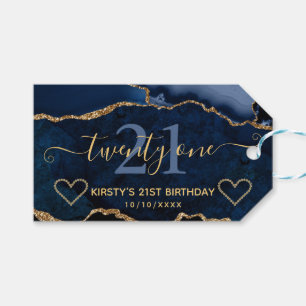 Blue and Gold Glitter Agate Marble 21st Birthday Gift Tags