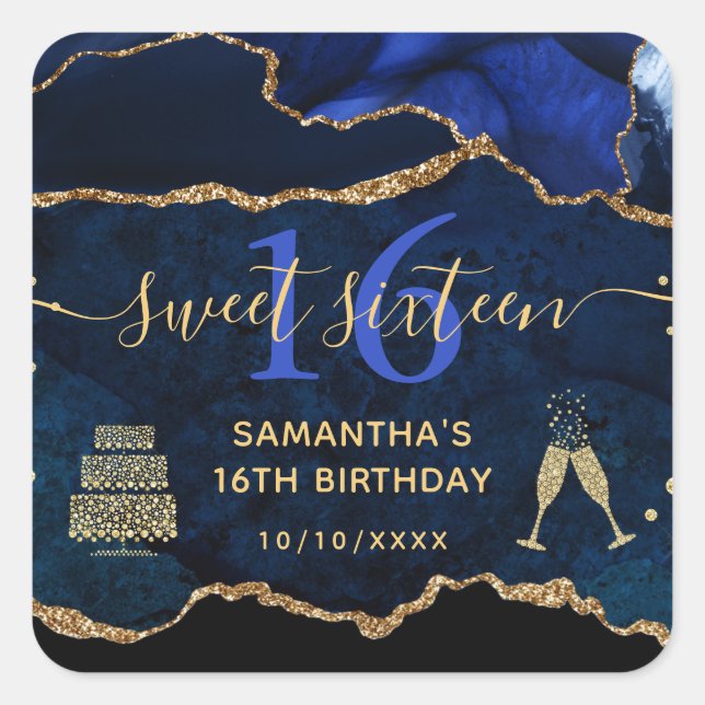Blue and Gold Glitter Agate Marble Sweet 16 Square Sticker (Front)
