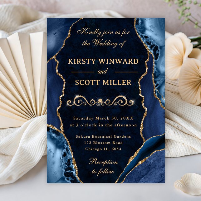 Blue and Gold Glitter Agate & Marble Wedding Invitation (Creator Uploaded)