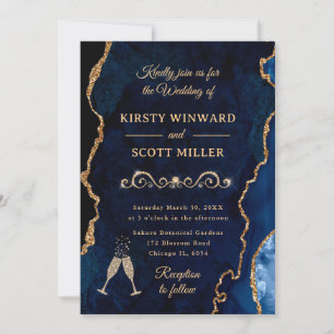Blue and Gold Glitter Agate & Marble Wedding Invitation
