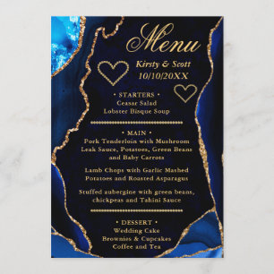 Blue and Gold Glitter Agate Marble Wedding Menu