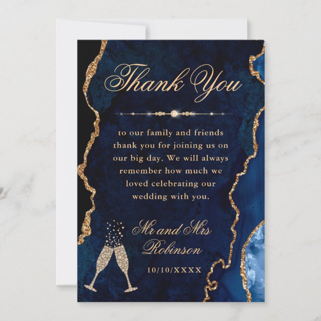 Blue and Gold Glitter Agate & Marble Wedding Thank You Card (Front)