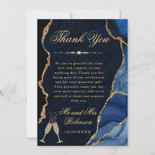 Blue and Gold Glitter Agate & Marble Wedding Thank You Card