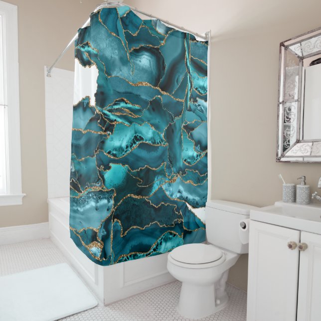 Blue and Gold Glitter Agate Shower Curtain (In Situ)