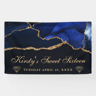 Blue and Gold Glitter Agate Sweet Sixteen Banner