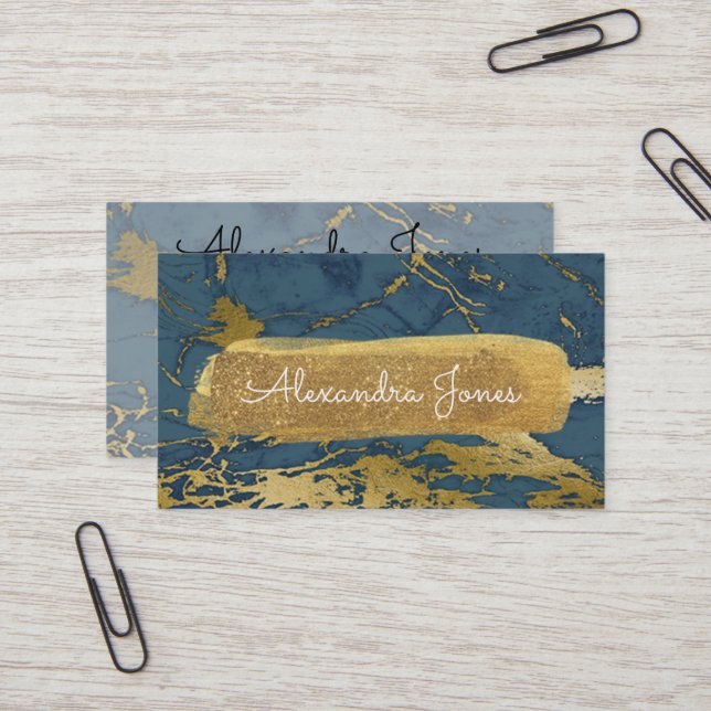 Blue and Gold Glitter and Sparkle Marble Business Card (Front/Back In Situ)