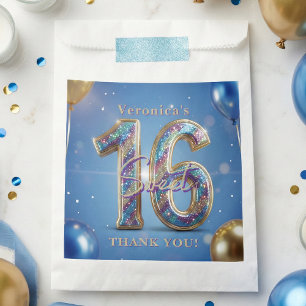 Blue and Gold Glitter Balloons Sweet 16 Thank You Favour Bags