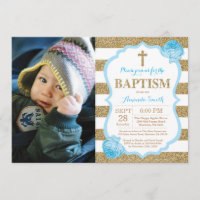Blue and Gold Glitter Baptism Invitation