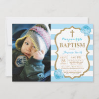 Blue and Gold Glitter Baptism Invitation