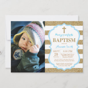 Blue and Gold Glitter Baptism Invitation