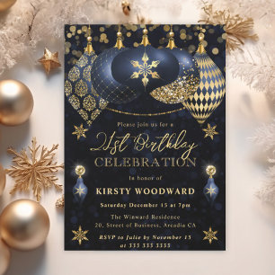Blue and Gold Glitter Baubles 21st Birthday Invitation
