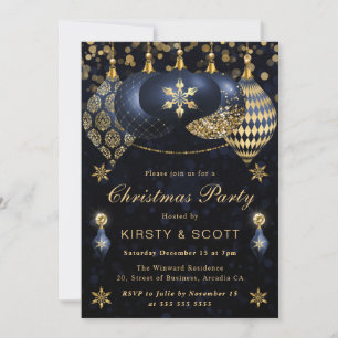 Blue and Gold Glitter Baubles Christmas Party Invitation