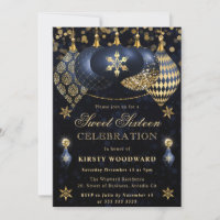 Blue and Gold Glitter Baubles Sweet Sixteen