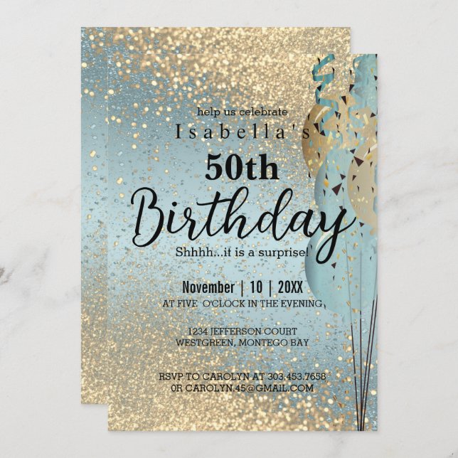 Blue and Gold Glitter Birthday Invitation (Front/Back)
